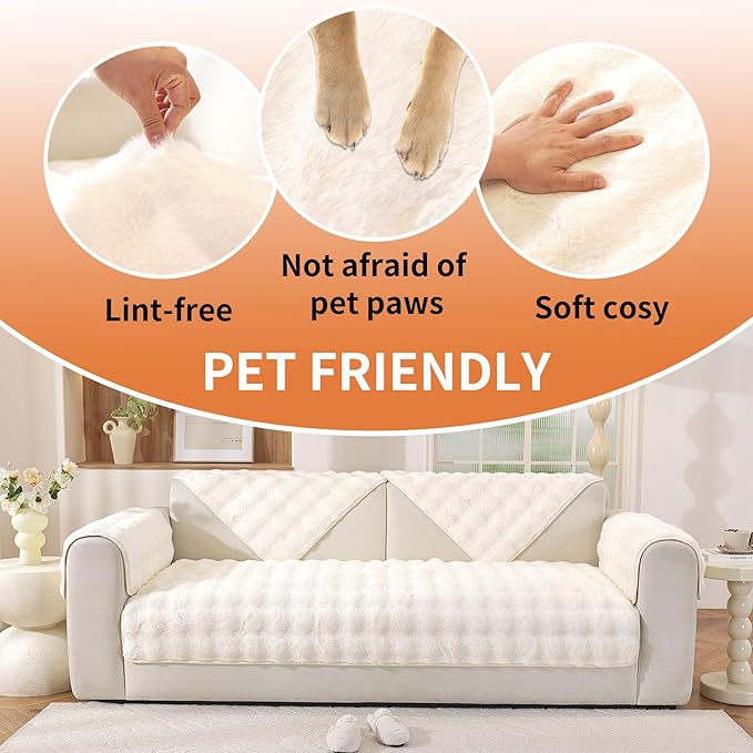 Waterproof Dog Bed Cover Non Slip Couch Covers for Dogs Washable Soft Faux Fur Sofa Cover Couch Covers for 2 Cushion Couch Sofa Pet Friendly (Off White)