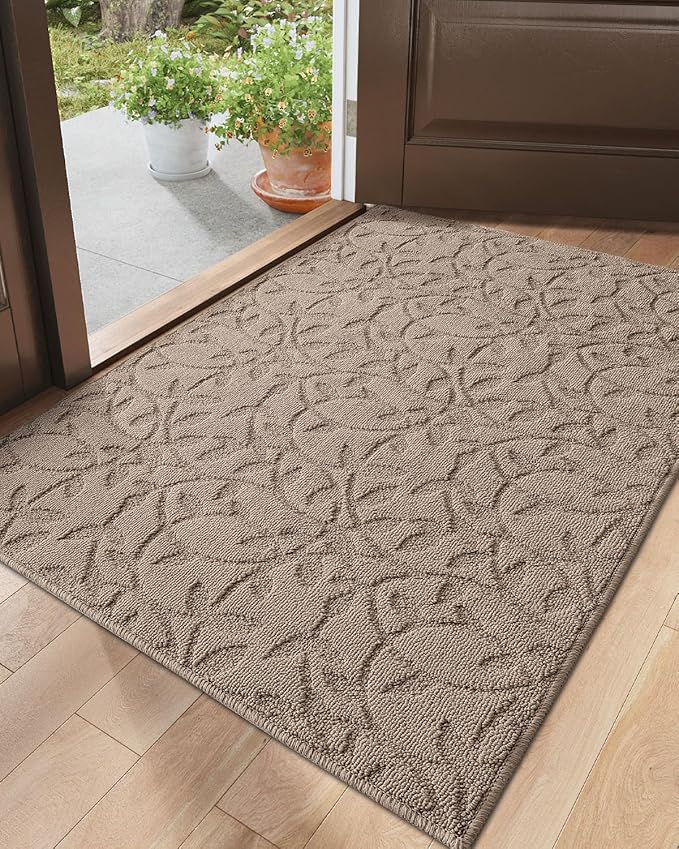 DEXI Front Door Mat Inside Entrance 32x48, Non Slip Dirt Trapper Doormat, Low Profile Thin Entry Mat, Absorbent Easy Clean Welcome Mats for Entryway, Patio, Branch Leaf Beige