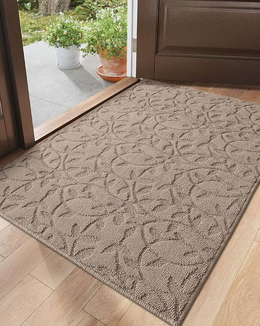 DEXI Front Door Mat Inside Entrance 32x48, Non Slip Dirt Trapper Doormat, Low Profile Thin Entry Mat, Absorbent Easy Clean Welcome Mats for Entryway, Patio, Branch Leaf Beige