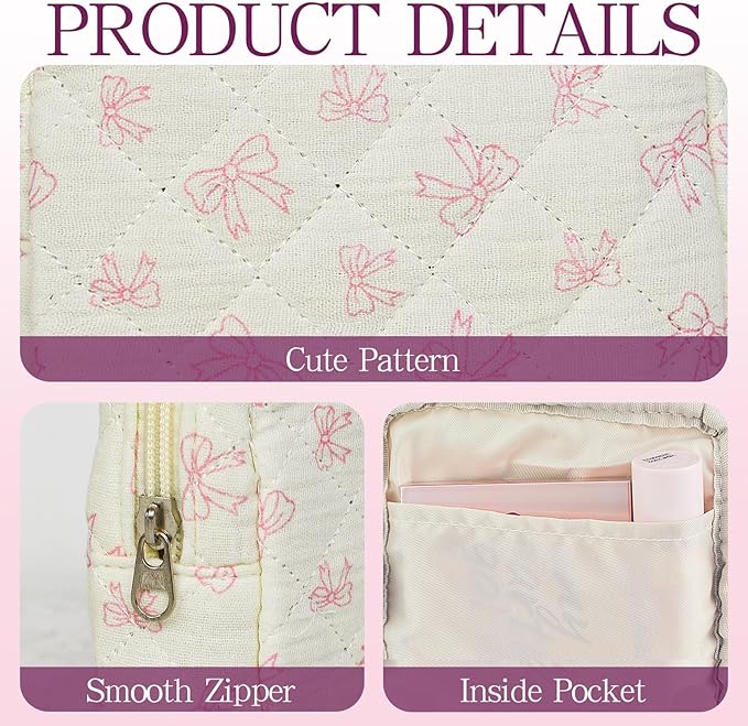 Small Floral Quilted Makeup Bag, Coquette Aesthetic Travel Toiletry Organizer for Women, Lightweight Cotton Cosmetic Pouch