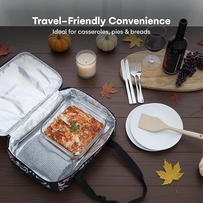 VP Home Insulated Casserole Carrier - 16"x11"x8" Food Carrier with Expandable Compartments, 2-Tier Travel Insulated Bag for Hot or Cold Dishes - Lunch Holder for Picnics, Potluck - Garden Party Design