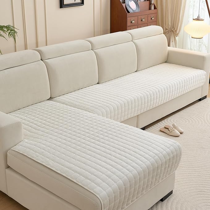 KaviKon Couch Cover Pack of 2, L Shaped Sectional Sofa Covers Washable, Velvet Fuzzy Sofa Slipcovers for 3 Cushion Couch cover, Non-Slip Furniture Protector for Dog Pet White, 36x63+36x94 Inch (2 Pcs)