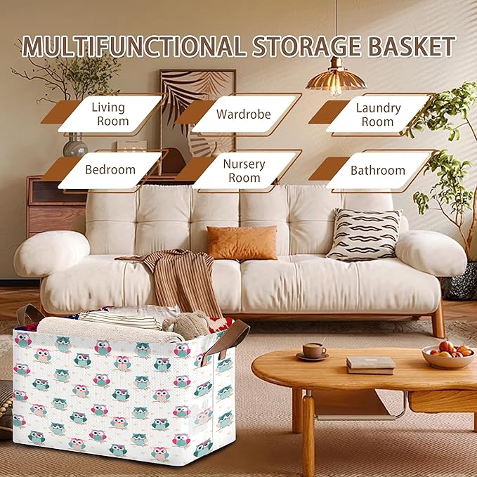 Owl Pattern Storage Basket Large 17x11.5x10.5 Inche-Collapsible Fabric Organizer Bin with Handles for Nursery, Valentines Decor, Toys-Foldable Decorative Hamper with Romantic Owl Design-Single Pack
