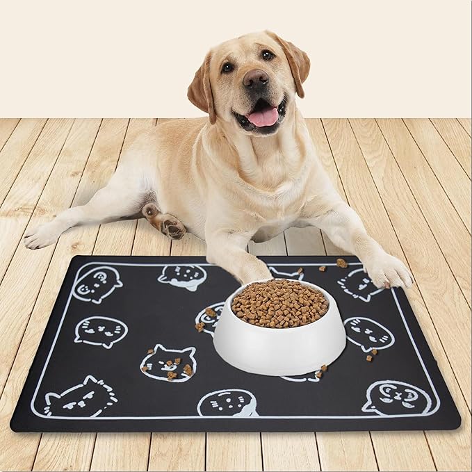 YCT Cat Food Mat for Pet Dog Feeting Mats, Cat Mat for Food and Water, Non-Slip Super Absorbent, with Multiple cat Heads Logo，18.1 x 11.8 inches, Dark Grey