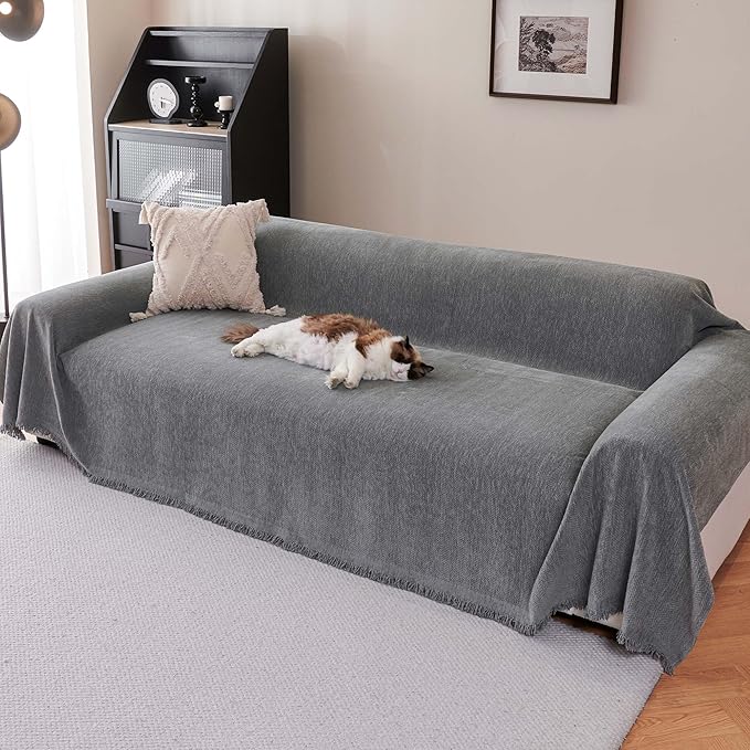 Chenille Couch Cover for 3 Cushion Sofa Pet Friendly Furniture Covers, Boho Sofa Covers Washable L Shape 3 Seater Couch Cover, 71"x 150", Grey