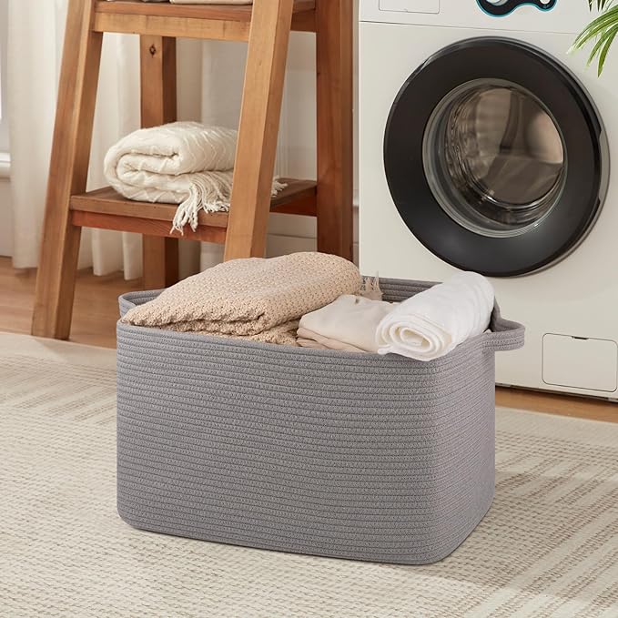 Large Blanket Basket, Blanket Storage Living Room, Rectangle Woven Baskets for Storage Toys, Towels, Dirty Clothes Organizer Bins (Light Grey)
