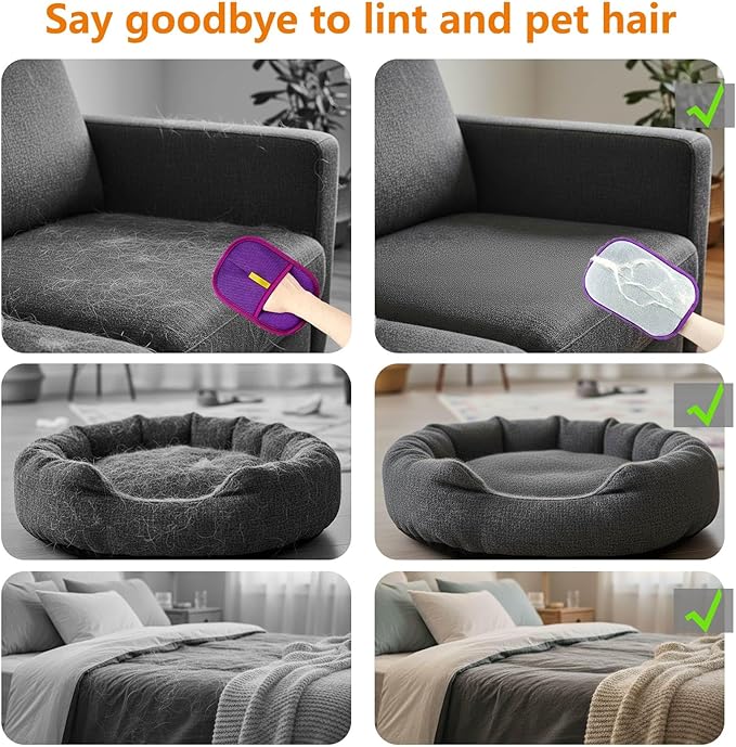 Pet Hair Removal Glove - Electrostatic Cat Dog Hair Remover Glove, Reusable Magic Brush Pet Hair Remover Tool for Couch, Carpet, and Car Seat (Purple,1 Pack)