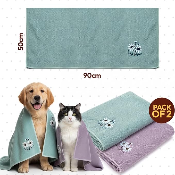 Microfiber Pet Towels 2-Pack – Ultra Absorbent, Quick-Dry Dog & Cat Towels for Bathing, Grooming & Travel – Soft, Lightweight, Machine Washable Pet Drying Towels- POM Pets