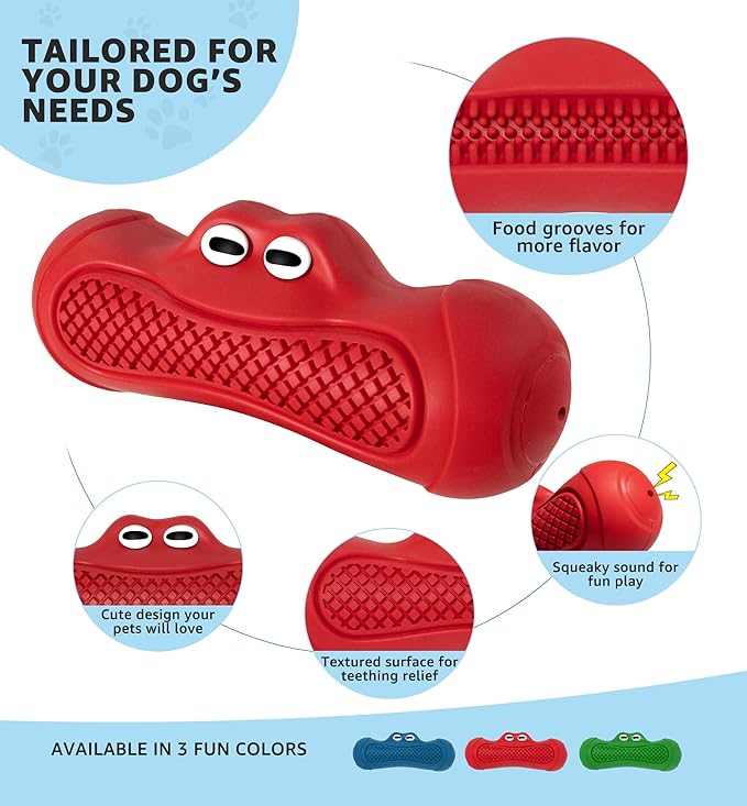 IPTPAS Durable Dog Chew Toy for Aggressive Chewers, Tough Natural Rubber Squeaky Dog Toy with Irresistible Beef Flavor, Dental Care, Teeth Cleaning & Boredom Relief for Medium & Large Dogs (Red)