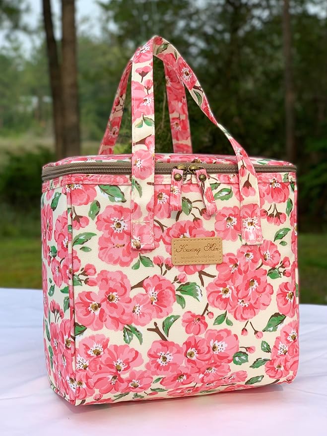Kwang Min Floral Insulated Lunch Bag for Women,Reusable Lunch Box,Large Cooler for Office,Picnic Outdoors,Premium Waterproof Fabric,Ideal Floral Lunch Bag (Beige Begonia)