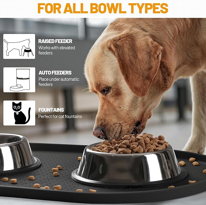 Hubulk 100% Waterproof Silicone Pet Feeding Mat with Raised Edge for Food and Water, Dog Bowl Mats, Cat Bowls Placemat with High Lip Protects Floor for Cats and Dogs (Black, 19" L x 12" W)