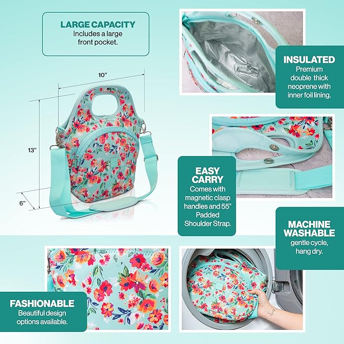 Made Easy Kit Large Insulated Lunch Tote Bag – Stylish Neoprene Carrier Foil Lining, Front Zipper Pocket & Shoulder Strap – Machine Washable, Lightweight, Travel Ready (Brown White Cow)
