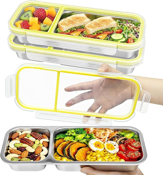 Stainless Steel Snack Containers, (3Pack) Leakproof 2 Compartment Snackle Box with Airtight Lids, Reusable Bento Box Food Storage Containers for Lunch Travel Picnics Office