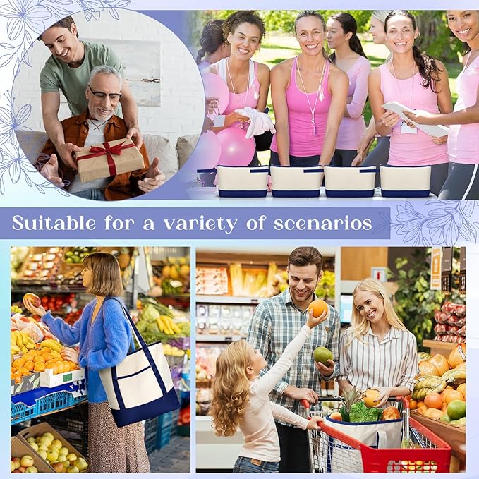 Sanwuta Canvas Tote Bags Bulk with Outer Pocket and Makeup Pouch 18'' Reusable Grocery Bags with Handles for Women Beach DIY