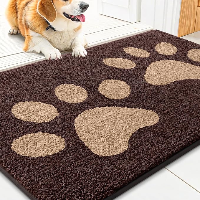 Smiry Dog Door Mat for Muddy Paws, Absorbs Moisture and Dirt, Low-Profile Entryway Mat with Non-Slip Backing, Entry Indoor Outdoor Doormat for Inside Floor (36x24 Inches, Brown, Paw)