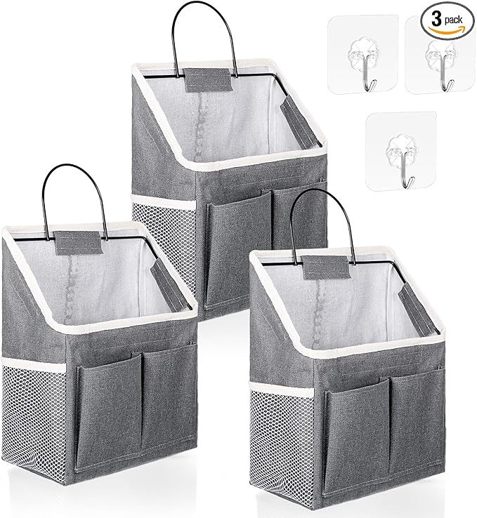 3pcs Wall Hanging Organizer Bag, Linen Fabric Door Hanging Storage Basket with Pockets, Waterproof Bin for Kitchen Bedroom Bathroom Office RV Camper, Gray