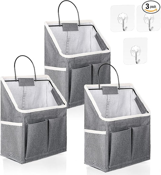 3pcs Wall Hanging Organizer Bag, Linen Fabric Door Hanging Storage Basket with Pockets, Waterproof Bin for Kitchen Bedroom Bathroom Office RV Camper, Gray