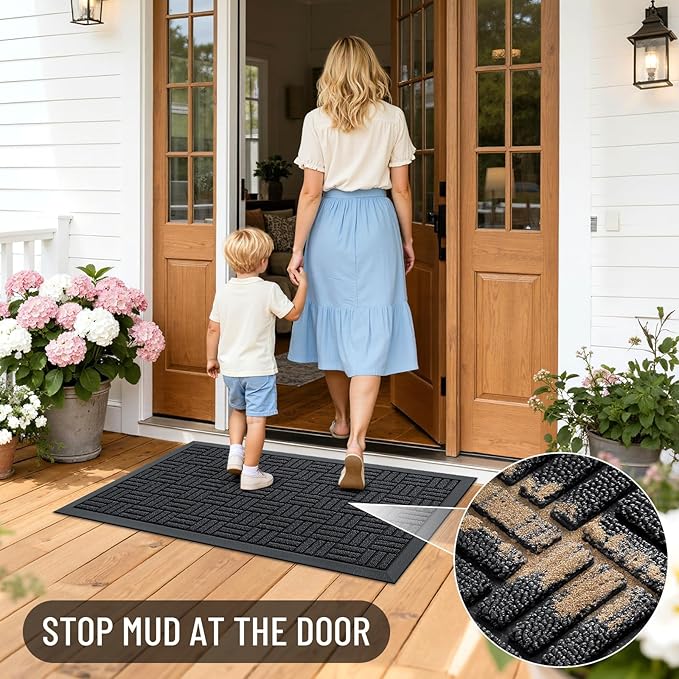 OLANLY Front Door Mat Outside Entrance 47x32, Absorbent, Heavy Duty Sturdy Natural Rubber Doormat Indoor Outdoor, Stain and Fade Resistant, Non-Slip Backing Low Profile Floor Mat for Entryway, Black