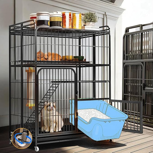 Collapsibles Cat Cages Indoor,Portable Cats Enclosures 2/3/4-Tier,Heavy-Duty Cat Playpens with Universal Wheels,Large Metal Animal cage Pet Crate No Assemblys Required (Black, 3-Tier (No Litter Box))