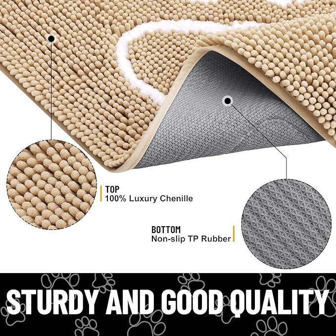 Smiry Dog Door Mat for Muddy Paws, Absorbent Dirt Trapper Non Slip Quick Dry Washable Chenille Mat for Mud Dogs, Entry Rug for Indoor and Outdoor (47x24 Inches, Beige and White)