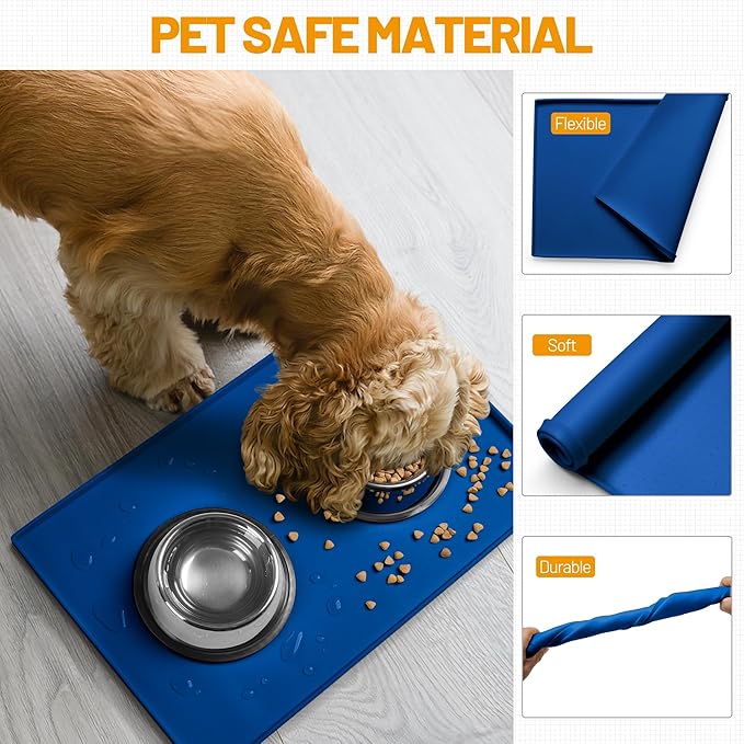 Hubulk Dog Feeding Mat,100% Waterproof Food Grade Silicone Pet Food and Water Bowl Placemat,Dishwasher, High Raised Edge to Prevent Spills,Nonslip Tray to Stop Messes on Floor (32"x24"x1.0", Navy)
