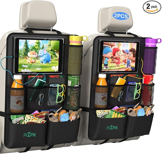 Car Backseat Organizer with Tablet Holder,11 Storage Pockets with Foldable Food Tray, Protector Kick Mats for Kids, Travel Accessories Organizer (Black, 2-Pack)