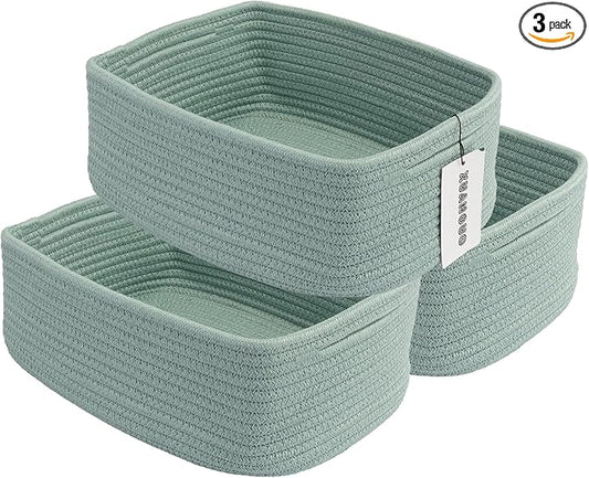 XUANGUO Small Woven Storage Baskets 12“X8”X5“ Decorative Rope Bins for Organizing Shelves, Closets, and Toys, Empty Gift Baskets, Cute Organizer Basket for Home and Office (green, regular)