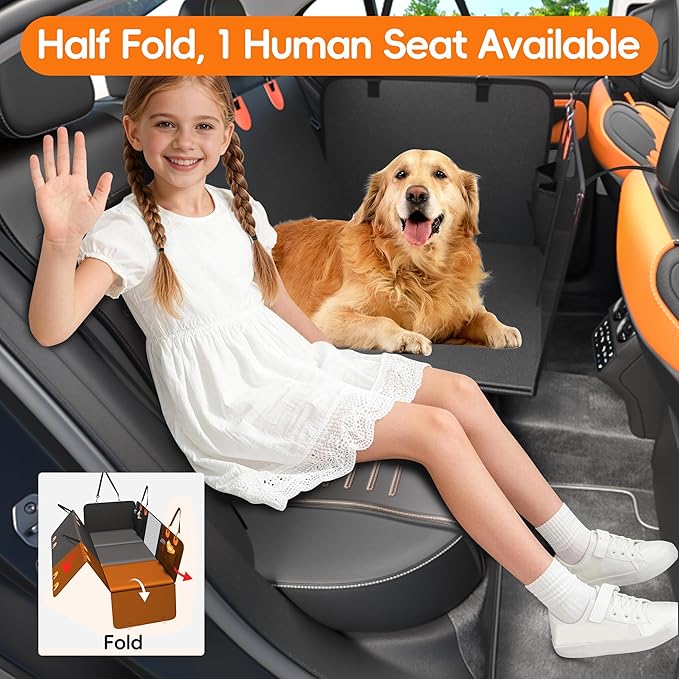 2-In-1 Heavy-Duty Hard Bottom Dog Hammock for Car, 100% Waterproof PU Leather Backseat Cover, Zipper Side Flaps, Non-Slip Extender for Large/Elderly Dogs & Multi-Dog Families,Fits Sedan/SUV/Med.Truck