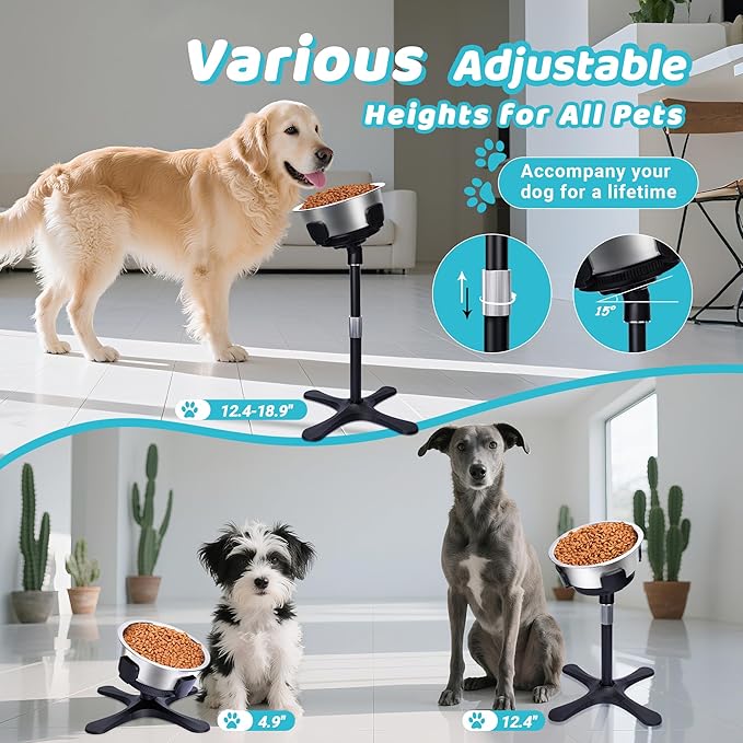 Elevated Dog Bowl (Not Bowl Included), Adjustable Stand Heights & Width, Non-Slip Foot Mats, Tilting Raised Dog Bowls with Metal Knob for Small, Medium & Large Dogs Breed (2 Pack), Black