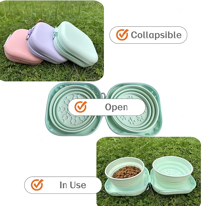 2-in-1 Collapsible Pet Bowl, Portable & Food-Grade for Dogs & Cats with Carabiner (Green)
