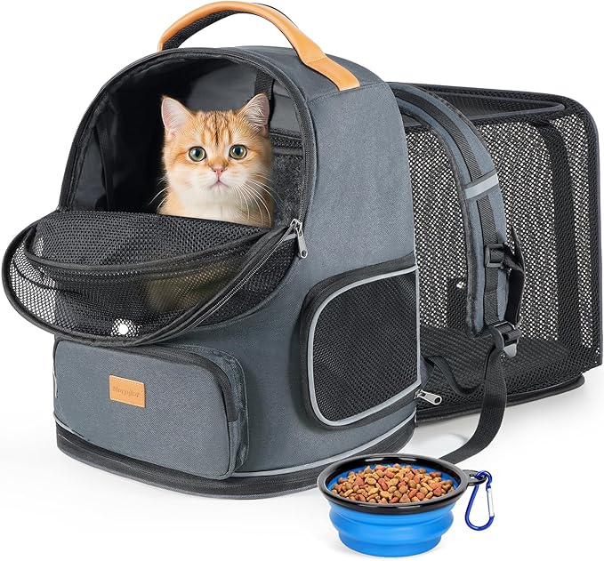 Morpilot Expandable Cat Carrier Backpack for Small Dogs & Cats Up to 25lbs, Breathable Mesh Pet Travel Backpack with Safety Leash, Foldable Airline Approved Carrier for Hiking Camping Outdoor, Grey