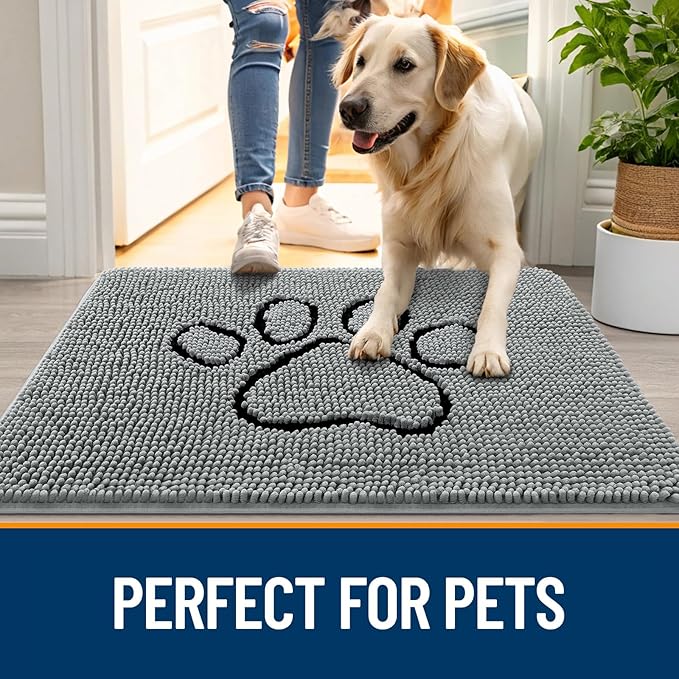OLANLY Dog Door Mat for Muddy Paws 40x32, Paw Print Design, Absorbs Moisture and Dirt, Absorbent Non-Slip Washable Doormat, Quick Dry Chenille Mud Mat for Dogs, Entry Indoor Entryway Carpet, Grey