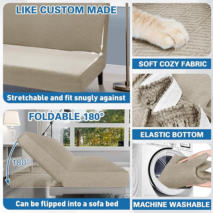 ZNSAYOTX Stretch Fit Futon Cover (67"-82") Armless Futon Sofa Bed Slipcover with Elastic Band, Universal Foldable Sofa Mattress Protector Full Queen Size, Washable Comfort Jacquard (Khaki)