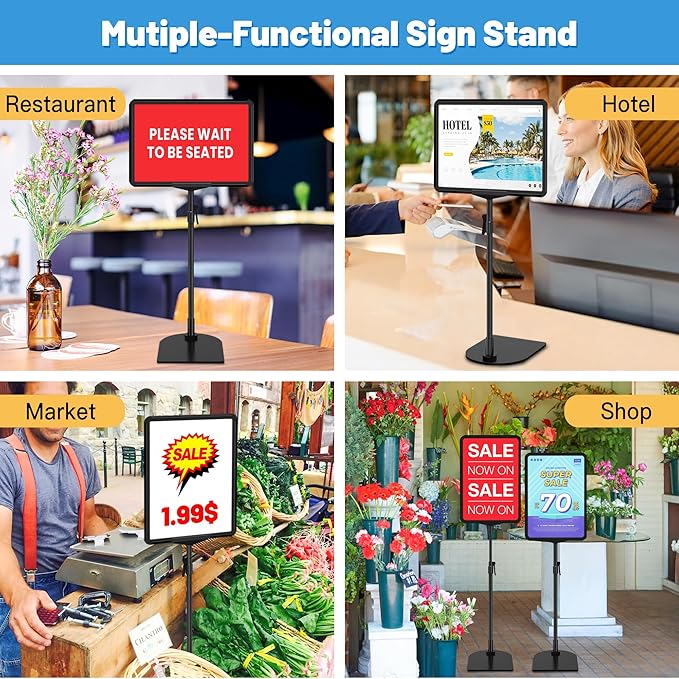 Sign Holder Stand 8.5 x 11, Adjustable Poster Stand for Table Top & Floor, Signage Display Stands, Floor Standing Sign Holder for Advertisement, Tradeshow, Store, Business, 2 Pack