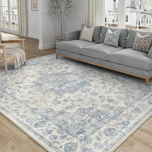 4x6 Washable Neutral Area Rug Blue Vintage Entryway Office Carpet Non-Slip Soft Low Pile Farmhouse Indoor Throw Rug for Living Room Bathroom Dining Room