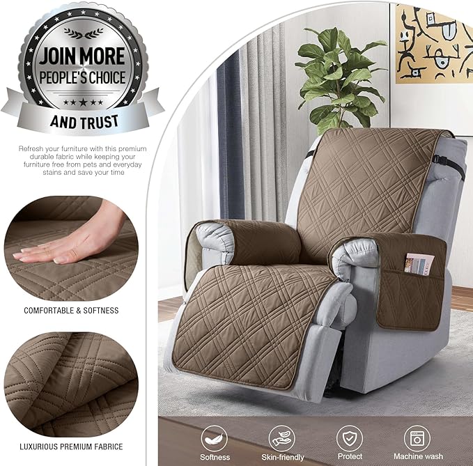 TAOCOCO 100% Waterproof Recliner Chair Cover, Small Recliner Covers for Recliner Chair with Pocket, Non Slip Reclining Chair Cover Furniture Protector for Kids, Pets(20'', Taupe)