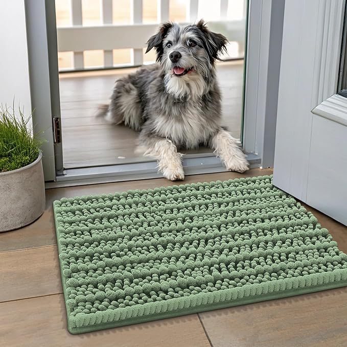Smiry Dog Door Mat for Muddy Paws 24x16, Extra Soft Absorbent Chenille Doormat, Trap Moisture and Dirt, Non-Slip Machine Washable Front Door Mat for Indoor Entrance Inside Floor, Olive Green