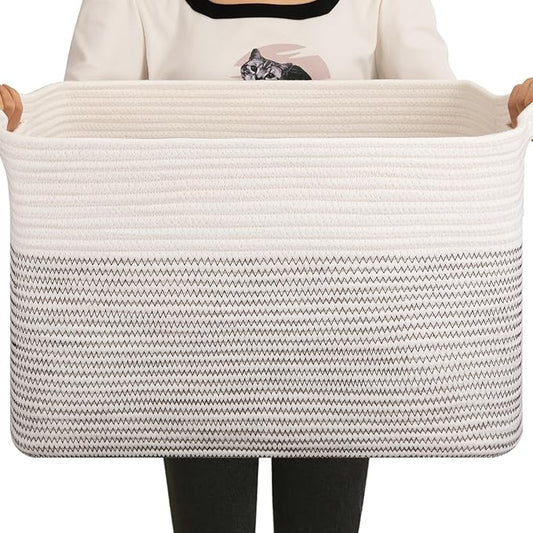 OIAHOMY Large Storage Basket, Cotton Rope Woven Blanket Basket, Toy Bin for Baby Room, Container for Blanket Storage in Living Room, 20''×16''×12'', Black & White