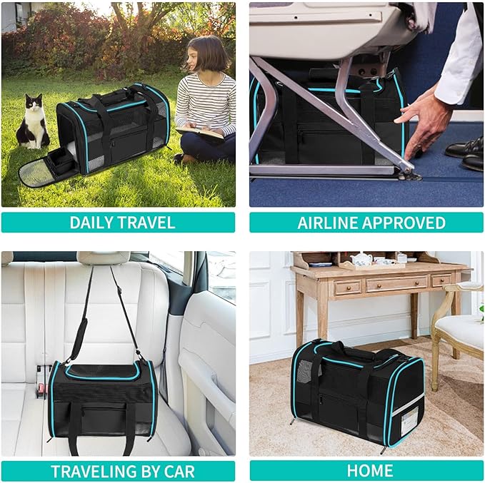 17" Soft-Sided Pet Travel Carrier for Cats and Small Dogs, Airline - Approved, Travel Tote with Mesh Windows, Foldable Bowl, Shoulder Strap, Black