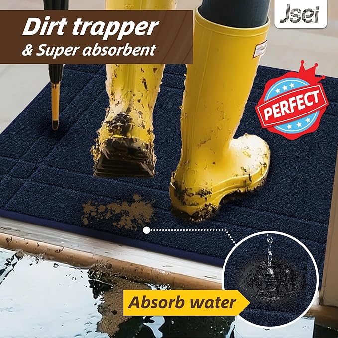 JSEI Entryway Rugs Doormat 36"x60", Non-Slip Dirt Trapper Door Mats Indoor, Washable Absorbent and Stain Resist Welcome Floor Mat for Front Door, Dog Door Mat, Muddy Wet Shoes & Paws, Navy Blue