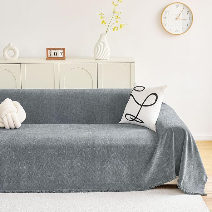 hyha Couch Cover for Dogs, Boho Sofa Covers for 3 Cushion Couch Washable, Chenille Sofa Slipcover for Pets, Soft Loveseat Sectional Couch Throw Blankets with Tassels (Grey, 71x91 Inch)