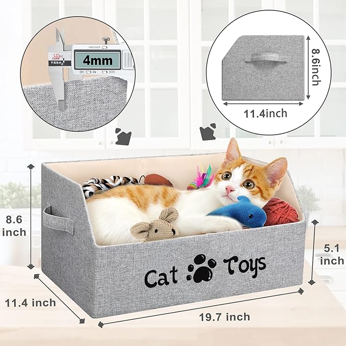 LOVSTORAGE 2X Thicker Large Cat Toy Bin Collapsible Cat Toy Box Sturdy Cat Toy Basket Kitten Toy Storage Bed for Organizing Cat Toys Treats Clothes and Accessories (Grey)