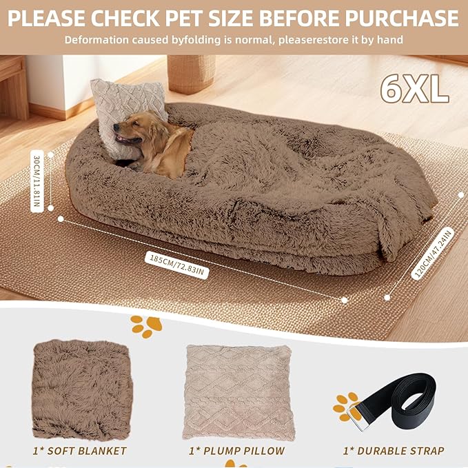 Human Dog Bed - Extra Large Dog Bed for Humans,71''x45''x12'' 、 Giant Cuddle Pillow Pet Lounger, Super Soft Plush Orthopedic Floor Cushion for Adults, Kids, Pets - Washable Cover, Khaki.