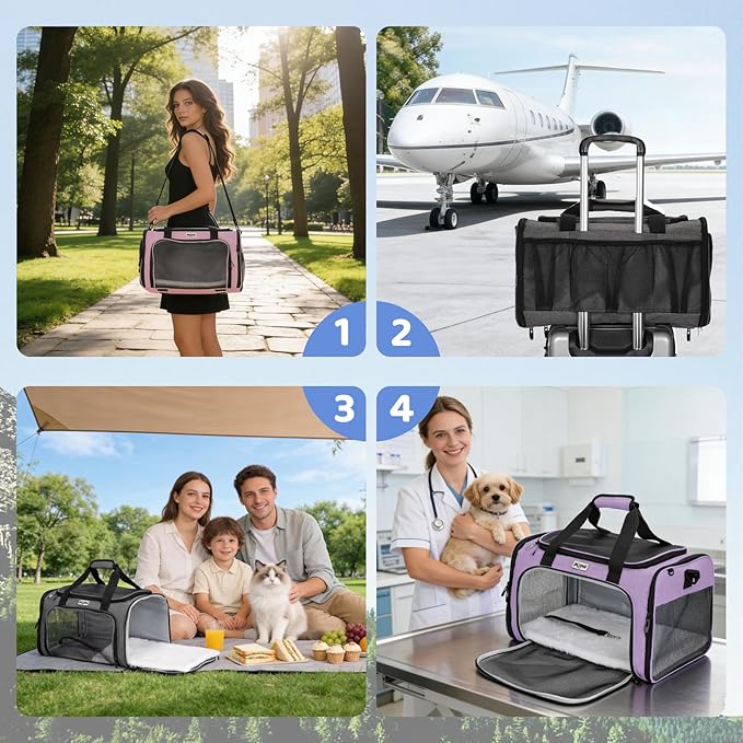 Pet Carrier for Cats & Small Dogs, Travel Carrier with Anti-Collapse Support, Chew Resistant Buckles, Luggage Sleeve, Multi-Pocket Storage, Reversible Mat & Bowl (Blue, Medium (17.5"x11"x11.5"))