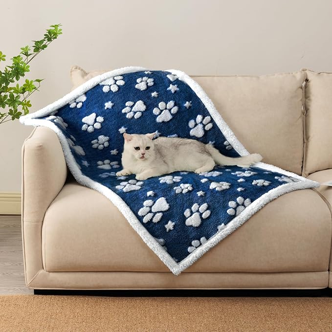 Yaning Waterproof Blanket for Dog Puppy Cat, Cute 3D Textured Paw Dog Blanket for Bed Couch Sofa, Soft Liquid Pee Proof Pet Furniture Protector, 30"x40", Navy Blue