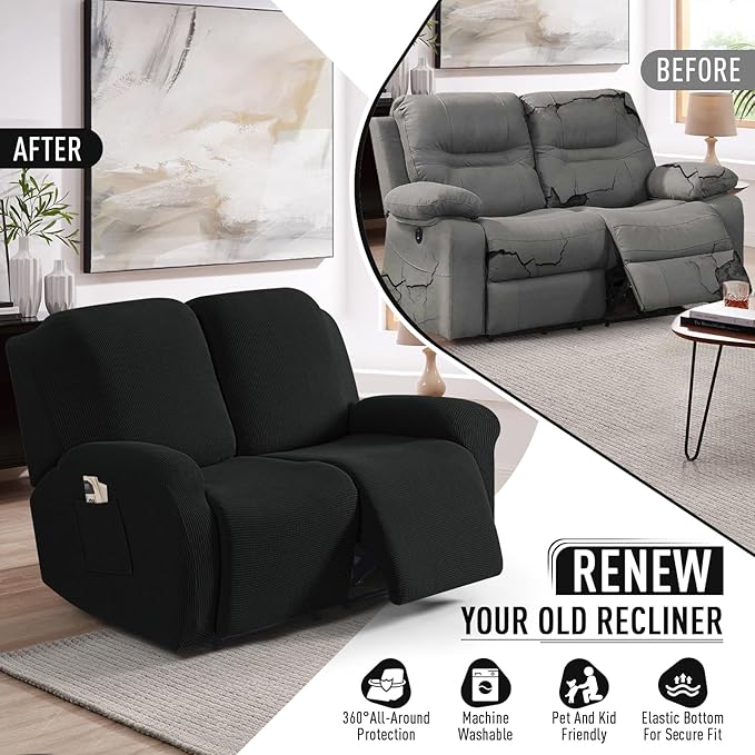TAOCOCO Recliner Loveseat Slipcover, 6 Pieces Dual Recliner Sofa Covers for 2 Seat Dual Reclining Loveseat Couch, Stretch Soft Jacquard Pattern Furniture Protector with Elasticity (Black)