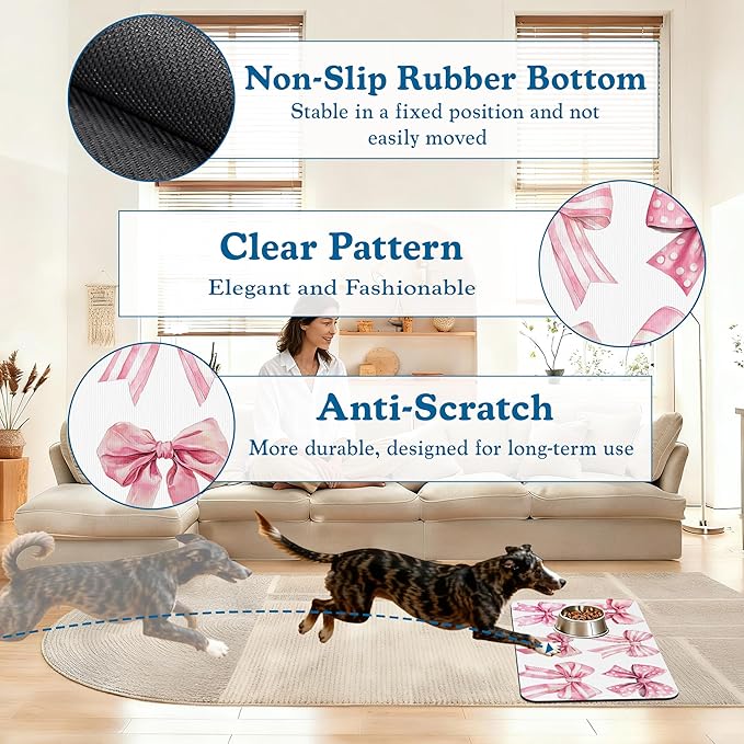 Pink Bows Dog Cat Food Mat–Christmas Stocking Absorbent Waterproof Placemat for Food and Water Bowls, Non Slip Rubber Backing, Feeding Mat for Clean Floors 16"x24"