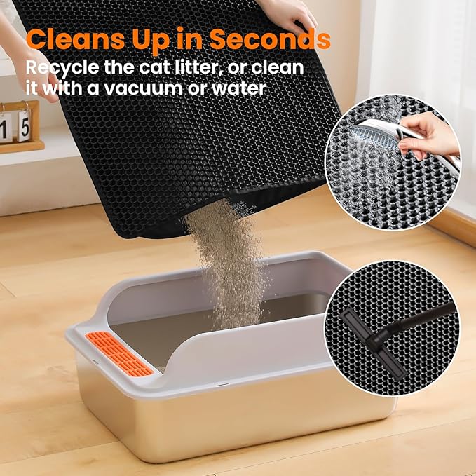 Petinstinct Extra Large Cat Litter Mat, 30x22 Inches Honeycomb Double Layer Cat Litter Trapping Mat, Non Slip Waterproof Urine Proof Large Kitty Litter Box Mat for Floor, Kitten Supplies, XL, Black