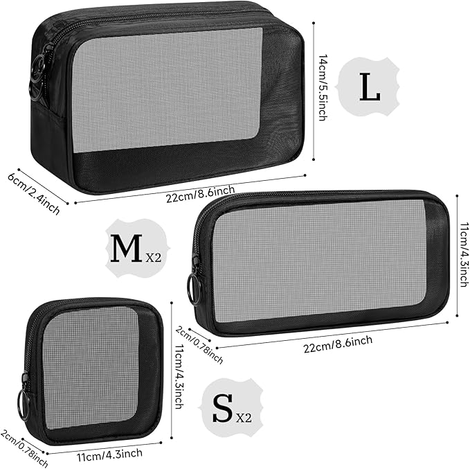 5 Pieces Mini Zipper Nylon Mesh Pouch, Mesh Cosmetic Bags Makeup Bags, Multipurpose Travel Toiletry Bags for Office Supplies and Travel Accessories (Black, Assorted Sizes)