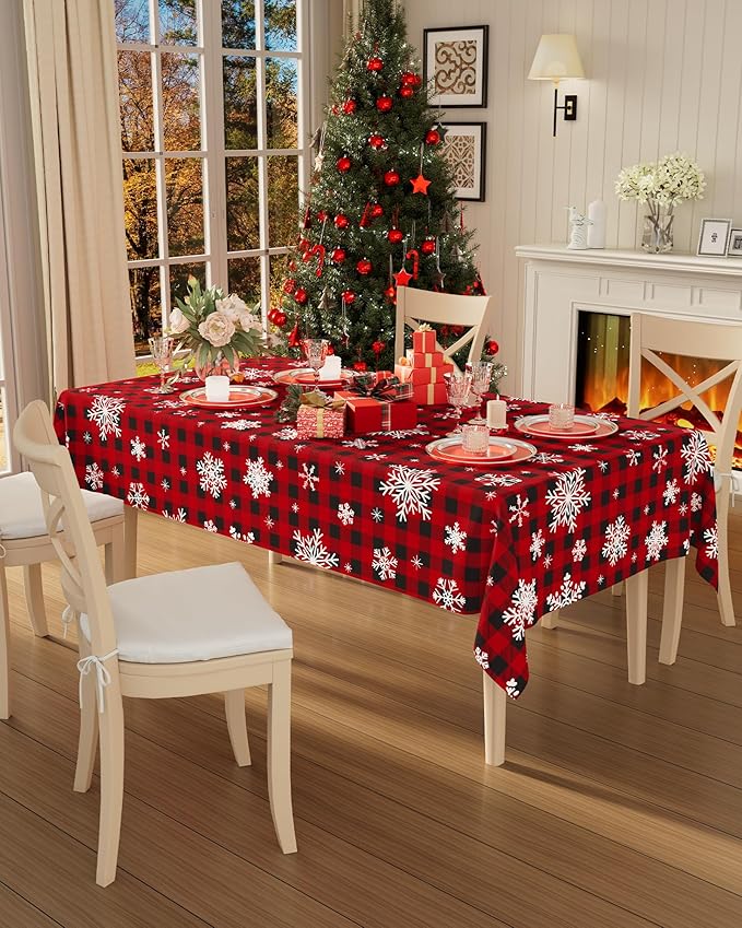 Smiry 12 Packs Buffalo Disposable Table Cloth, 54 x 108 Inch Waterproof Plastic Tablecloth, Rectangle Snowflake Red Checkered Table Covers for Picnic, Christmas, Birthday, Party